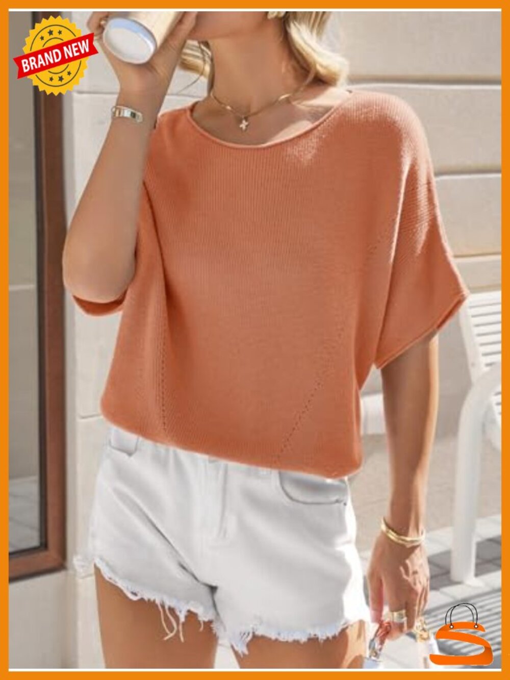 Women's Short Batwing Sleeve Crochet Knit Crew Neck Pullover Sweater Top - Picture 3 of 6